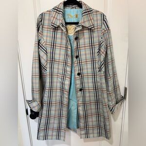 Mycra Pac Light Blue Plaid Trench Coat with Cream & Tan Accents